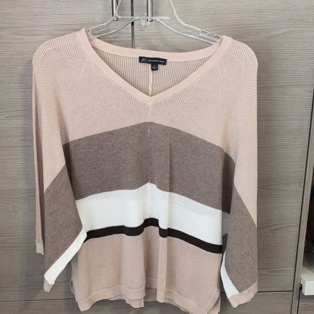 Adrianna Papelle V-Neck Striped Lightweight Sweater